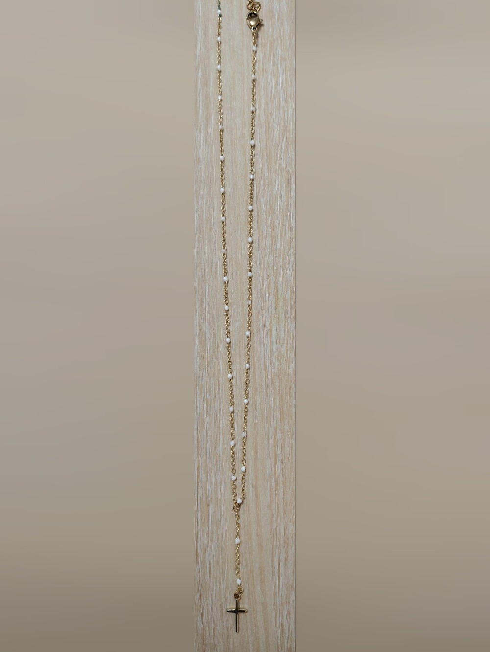 Brandy Melville Gold Chain Necklace with White Beads and Cross Pendant